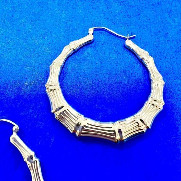 14k Gold Polished Bamboo Hoop Earrings - Picture 9 of 14